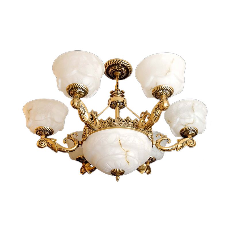 Bowl Dining Room Drop Lamp Antiqued White Glass 9-Light Brass Chandelier Light Fixture
