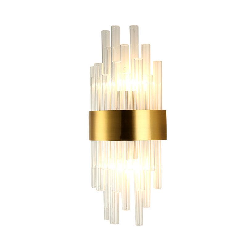 2 Heads Bedroom Wall Mount Light Postmodern Gold Sconce Light with Cylinder Fluted Crystal Shade
