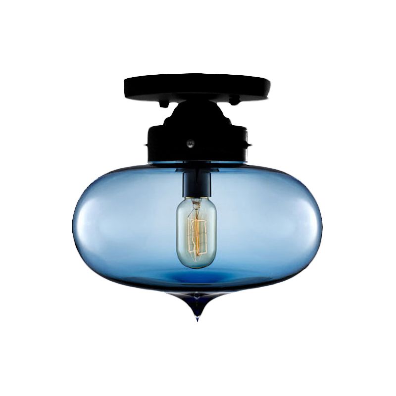 Black One Light Ceiling Mount Industrial Red / Brown / Amber Glass Oval Shade Semi Flush Light for Dining Room