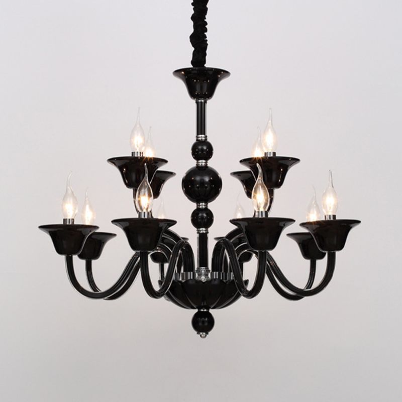 Vintage Curvy Arm Chandelier Lighting 6 Heads Clear/White/Black Glass Hanging Pendant Lamp in Chrome for Living Room