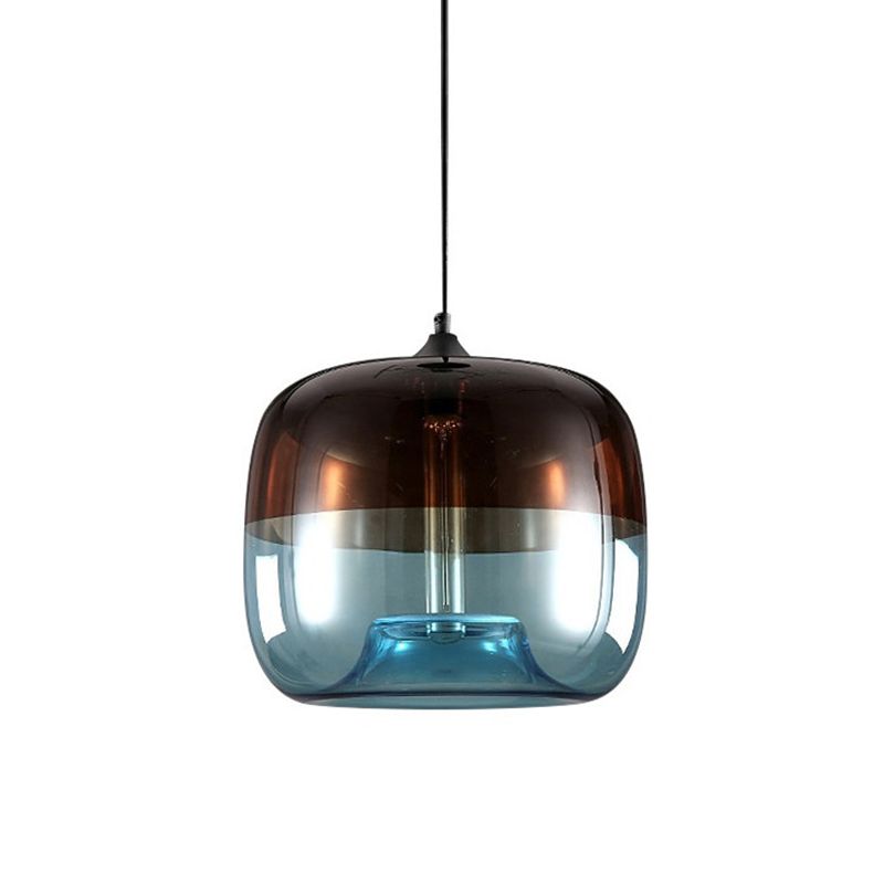 Drum Pendant Ceiling Light Postmodern Blue/Green-Brown Glass 1 Bulb Dining Room Suspension Lamp with Recessed Bottom