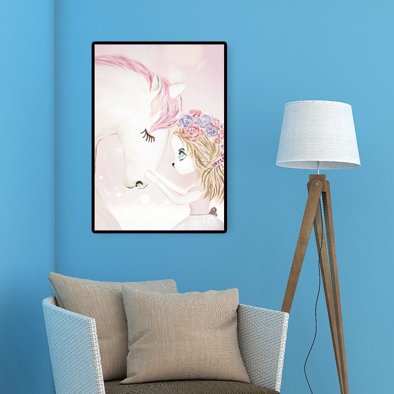 Fantasy Deer Girl Painting Canvas Childrens Art Textured Wall Decor in Pastel Color