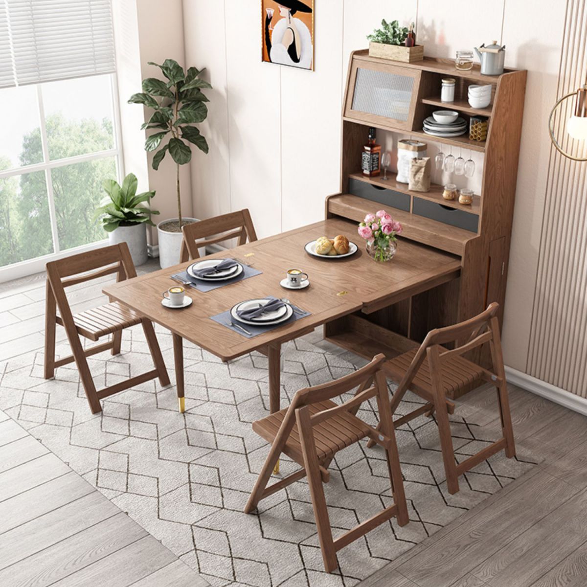 Solid Wood Frame Dining Table Rectangle Folding Dining Table with Storage