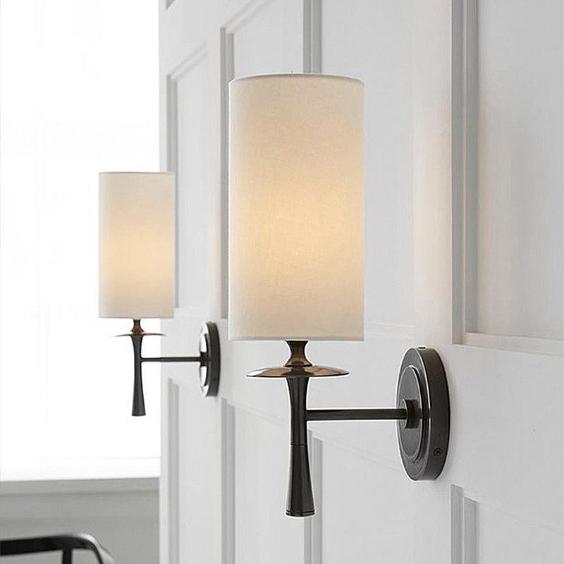 Black/Brass 1 Head Wall Mount Light Traditional Fabric Cylinder Shade Sconce Light for Living Room