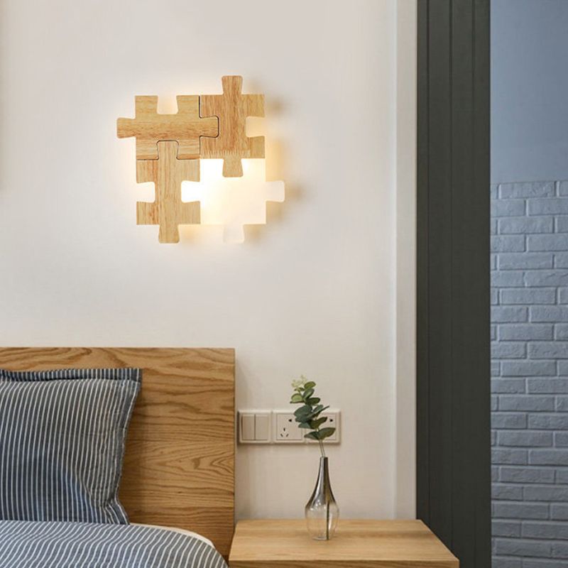 Jigsaw Puzzle Wall Mount Lamp Creative LED Wooden and Acrylic Shade Sconce Light for Bedroom