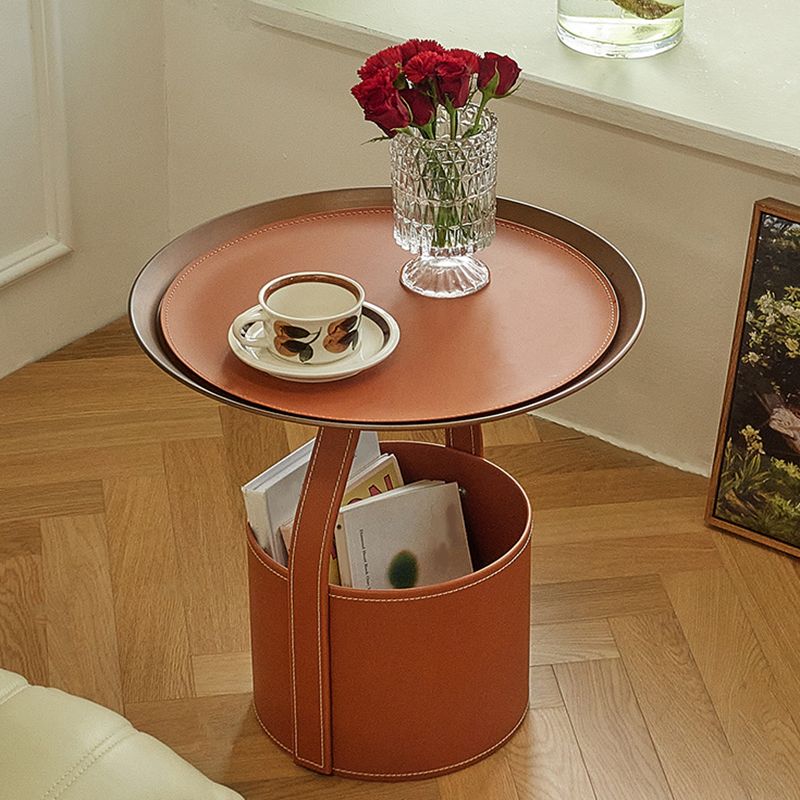 Contemporary Round Side End Table Leather Pedestal End Table