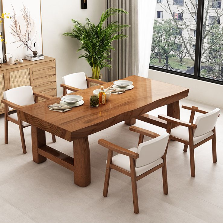 Table à manger de table en bois massif en pin avec piédestal double, en marron