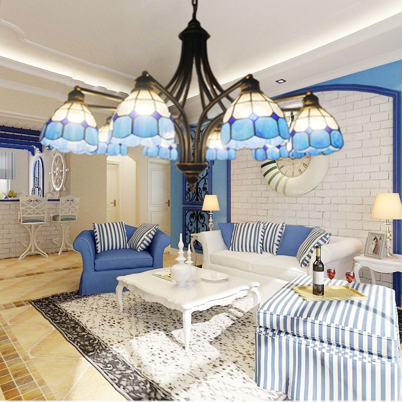 Dome Chandelier Lighting Mediterranean 8 Lights Blue Glass Ceiling Pendant Light for Dining Table