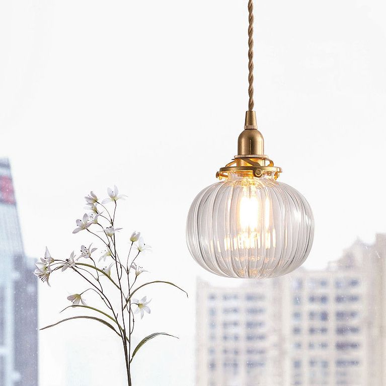 Brass Lamp Holder Pumpkin-shaped Hanging Light Modern Style Simplicity Glass Pendant for Bedroom Dining Room