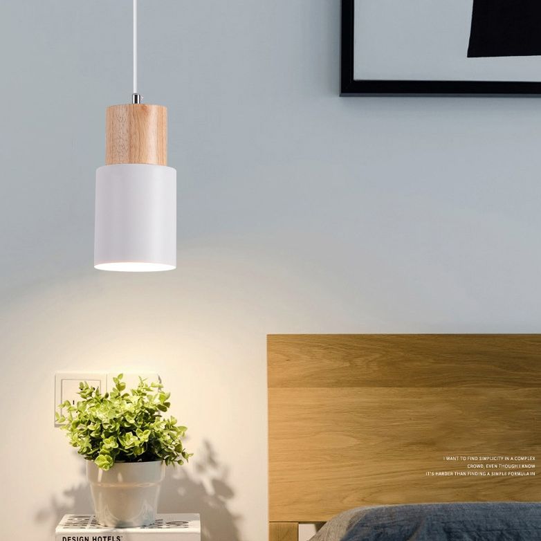 Wooden Cylindrical Single Pendant Light in Modern Concise Style Aluminium Macaron Hanging Lamp