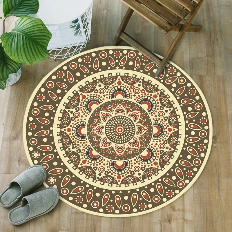 Blue and Brown Moroccan Rug Flannel Floral Print Rug Washable Non-Slip Backing Carpet for Living Room