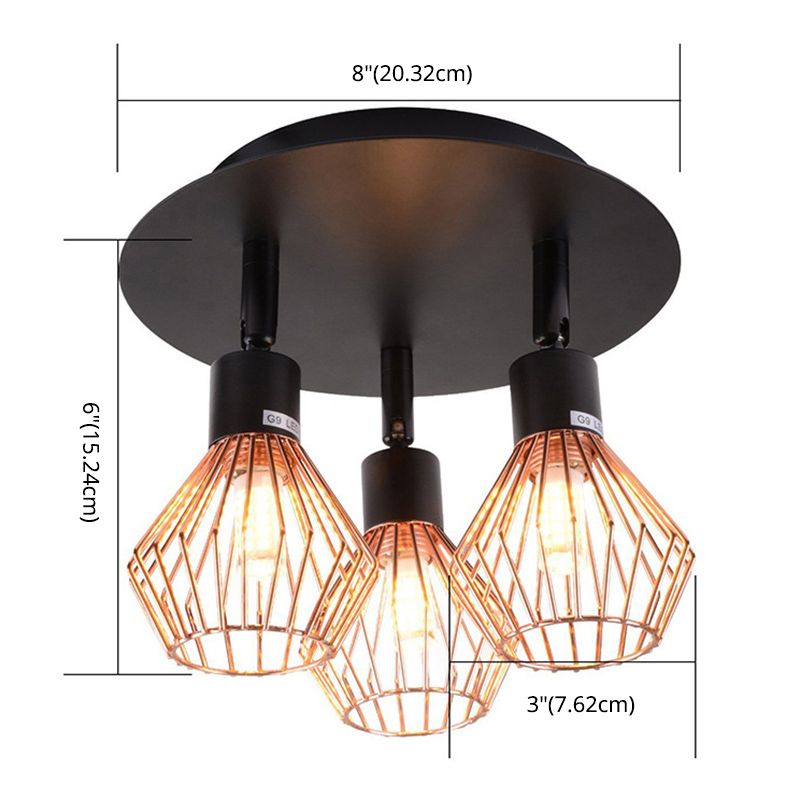 Industrial Style 3 Lights Angle Adjustable Ceiling Light with Rose Gold Metal Cage Shade