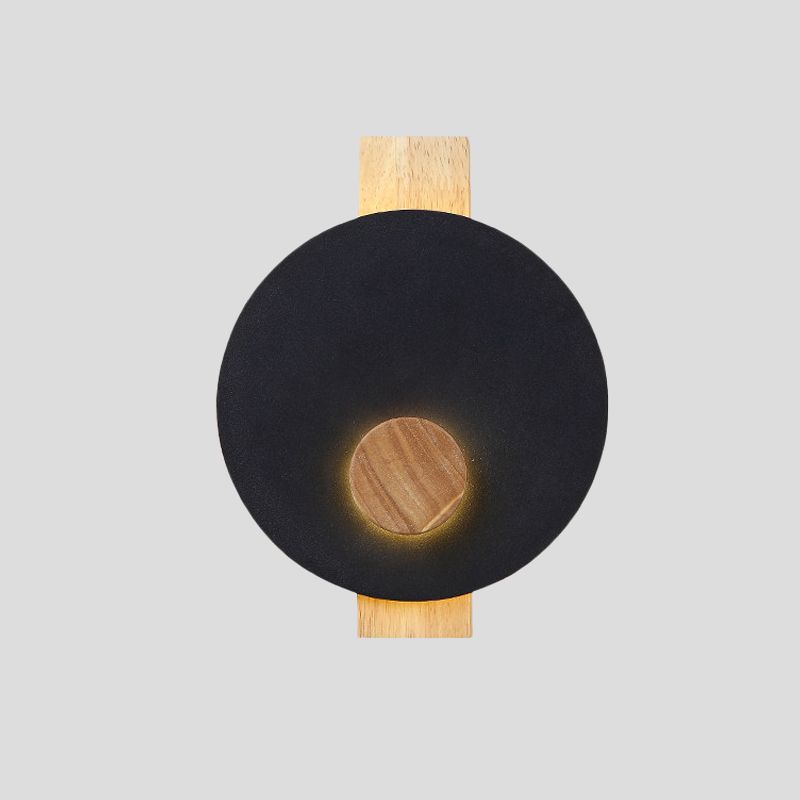 Black/Grey/White Disk Wall Light Fixture Minimalist LED Metal Sconce with Wood Backplate for Bedroom