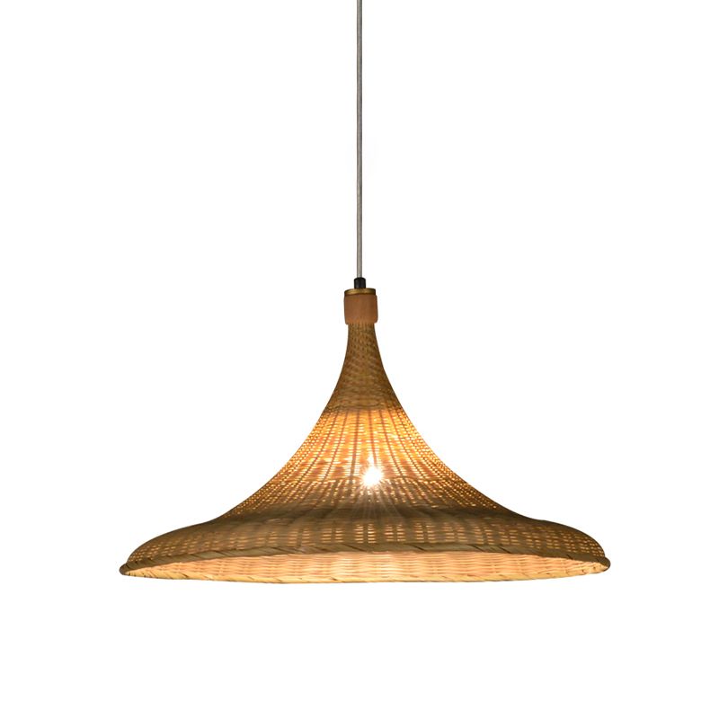 1 Head Wide Flare Pendant Light Chinese Bamboo Suspended Lighting Fixture in Flaxen