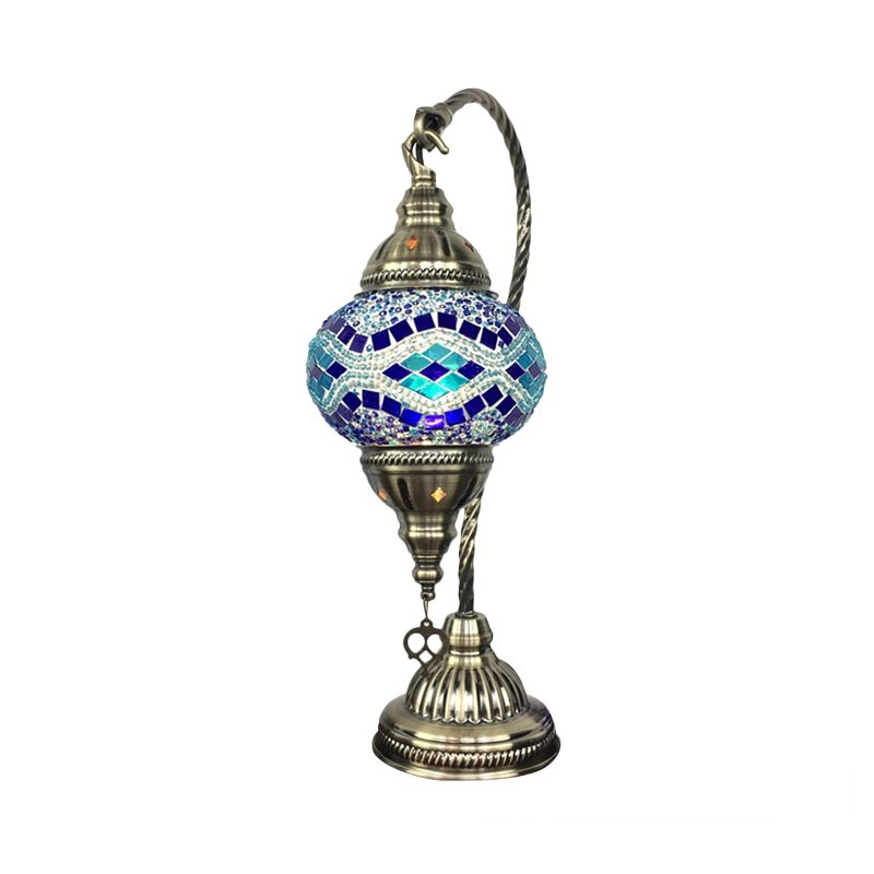 Traditioneller Balltisch Leicht Pfaublau/Wassermelone Rotes Glas 1 Lampenschreibtischlampe mit Metallkrümmungsarm
