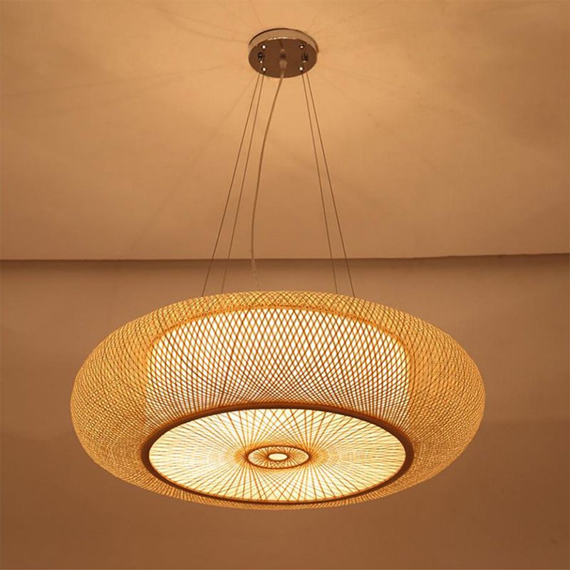 Curved Drum Pendant Lighting Tradition Bamboo 2/3 Bulbs 18"/23.5" Wide Wood Ceiling Hanging Light