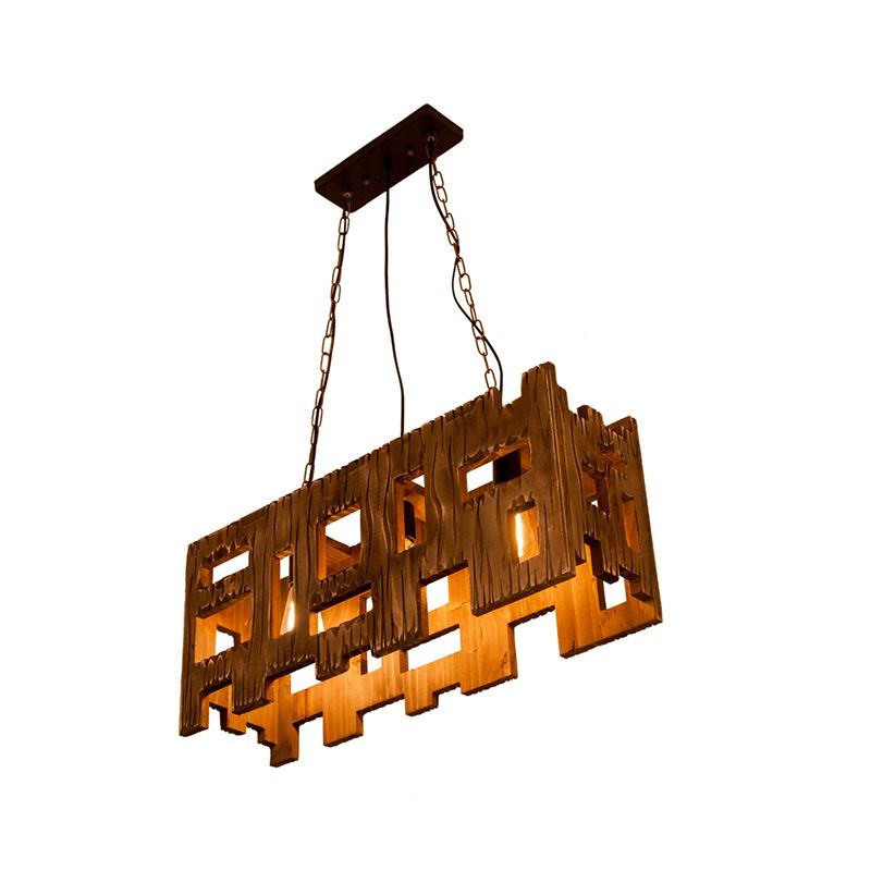 Rectangle Restaurant Island Chandelier Light Wood 2/3 Bulbs Countryside Pendant Lamp with Hollow Out Design in Brown