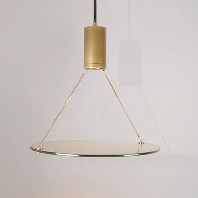 Simplicity Cylinder Hanging Ceiling Light Brass LED Dining Room Drop Pendant in Warm/Natural Light with Tempered Glass Disc