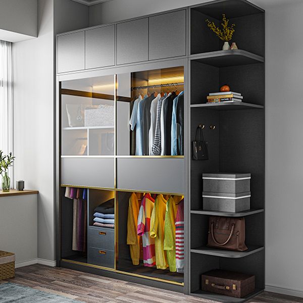 Grey Contemporary Wardrobe Closet Sliding Wardrobe Armoire with Drawer