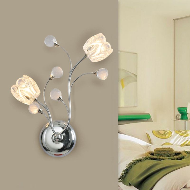 Boules en cristal coupées coupées lampe murale chromée bras tourbillonnant 2 bulbes applique de paroi de surface moderne avec nuance de fleur