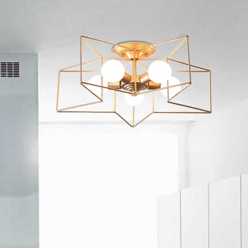 5 Bulbs Semi-Flush Ceiling Fixture with Star Cage Shade Metallic Loft Stylish Indoor Semi Flush Light in Grey/Pink
