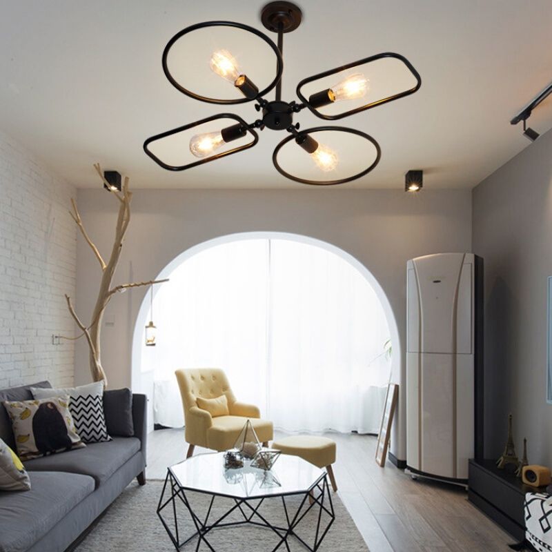 Anneau simple et rectangle lampe de plafond métal 4 lumières Black Plafond Mount Light pour le salon