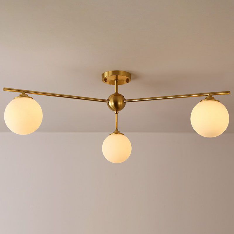 Globe Ceiling Flush Light Simplicity Milk Glass 3-Bulb Antiqued Gold Semi Flush Mount Light