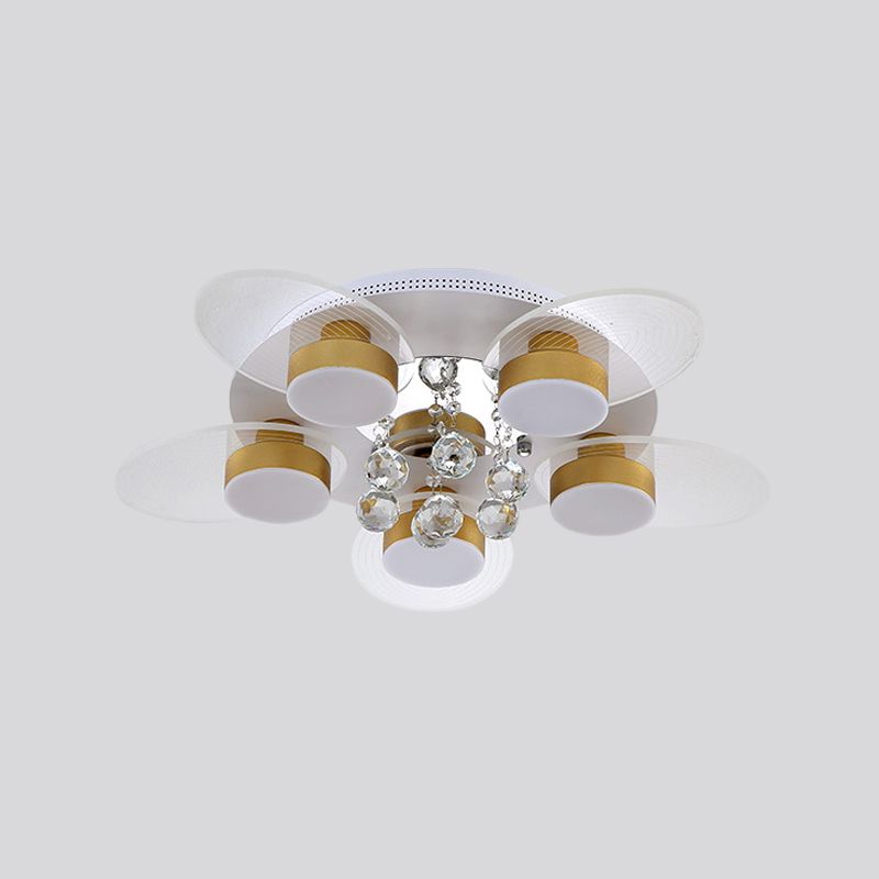 Contemporary Floral Flush Light Crystal 5 Bulbs Bedroom LED Ceiling Lighting in White with Clear Glass Panel, Warm/White Light