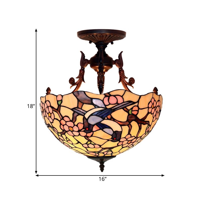 Bronze 3 Lights Semi Flush Light Mediterranean Beige/Red/Yellow Glass Domed Shade Ceiling Lighting for Living Room