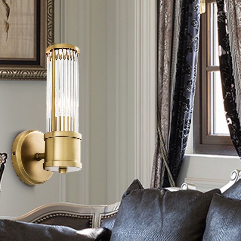 1/2 Bulbs Cylindrical Sconce Contemporary Gold Crystal Wall Mounted Light Fixture for Living Room