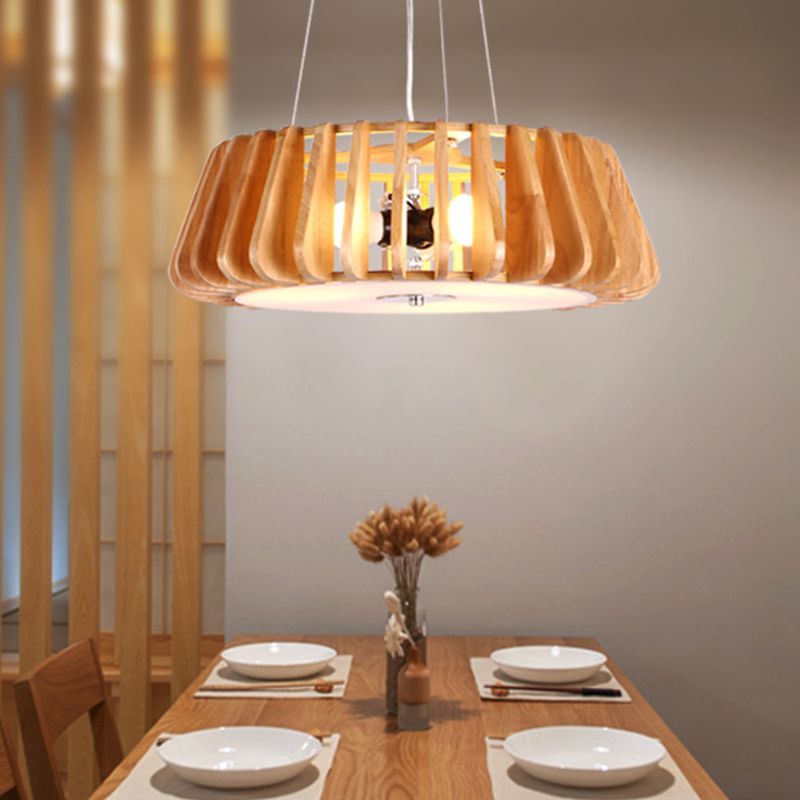 Single-Bulb Dining Room Pendant Light Modern 1 Light Hanging Lamp with Drum Wooden Cage