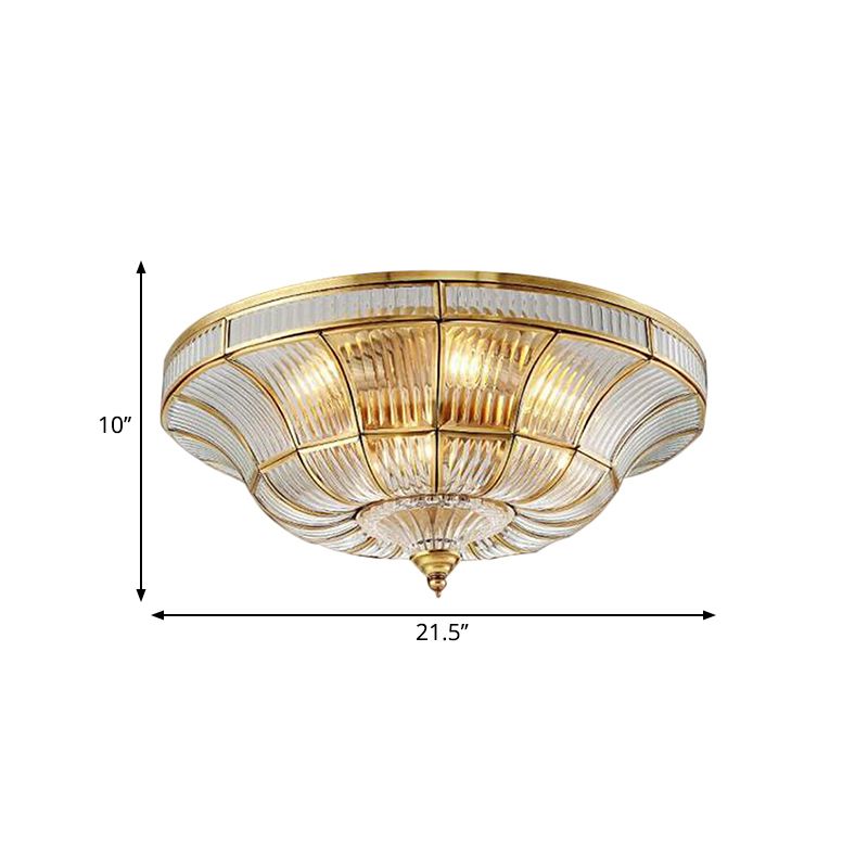 Simplistic Dome Flushmount Lighting 3/6 Heads Clear Ribbed Glass Ceiling Flush Mount in Brass for Living Room, 15"/21" Wide