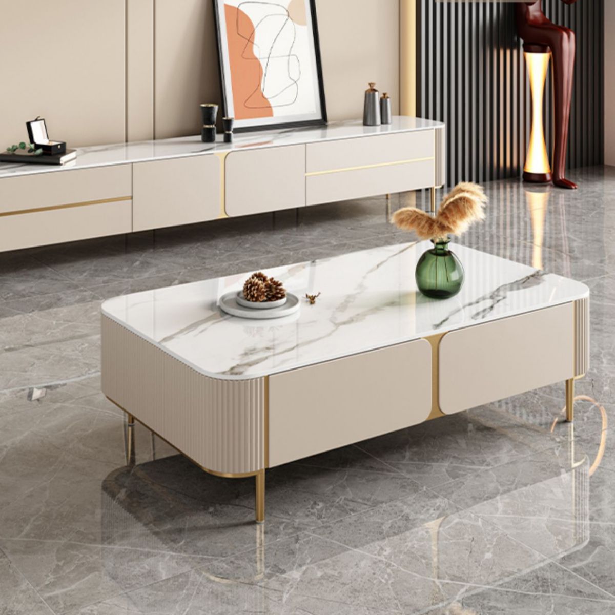 2 Drawers Rectangular Slate Top Coffee Table 4 Legs Cocktail Table