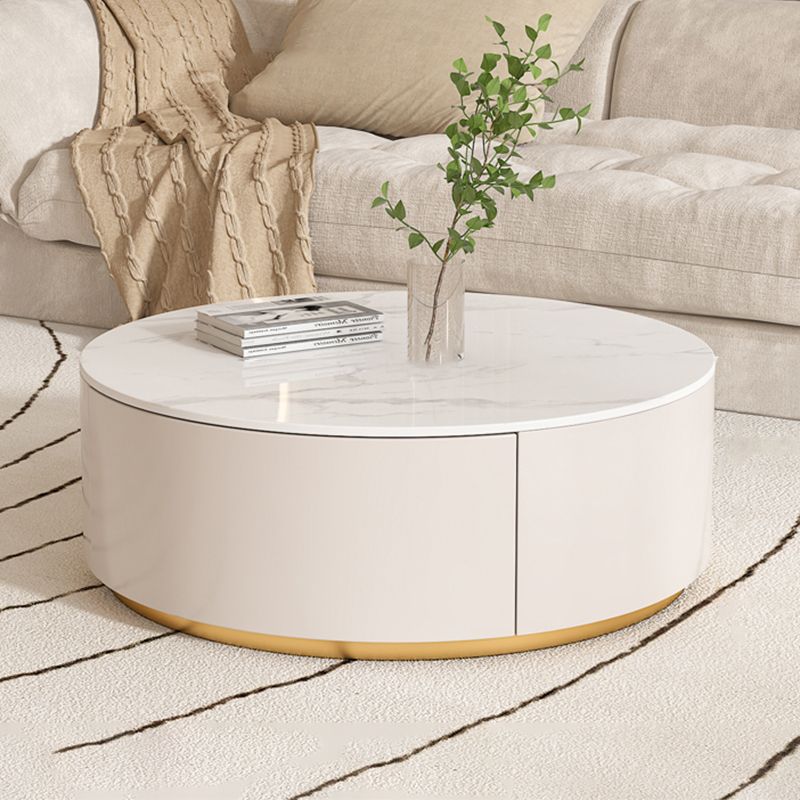 Drum Coffee Table Round Slate Top Cocktail Table with 2 Storage Drawers
