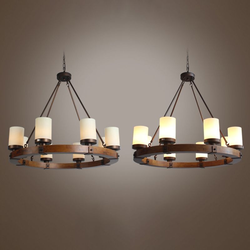 Round Solid Wood Rustic Style Chandelier Cylindrical White Glass Shade Dining Room Lighting Fixture