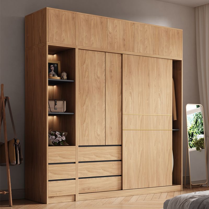 Natural Finish Wardrobe Armoire Sliding Wardrobe Cabinet with Drawer