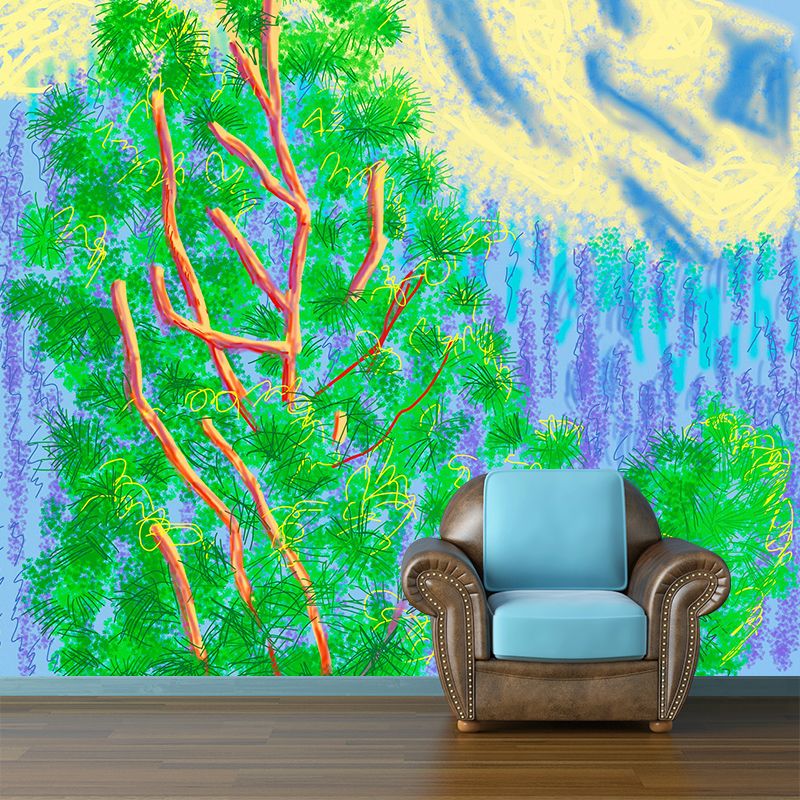 Whole Plants Wall Paper Murals Artistic Enchanting Cypress and Mountain Painting Wall Decor in Blue-Green