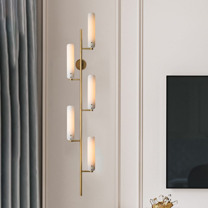 Vintage Cylinder mural Light 5 têtes Éclairage mural en verre opal en or pour le chevet