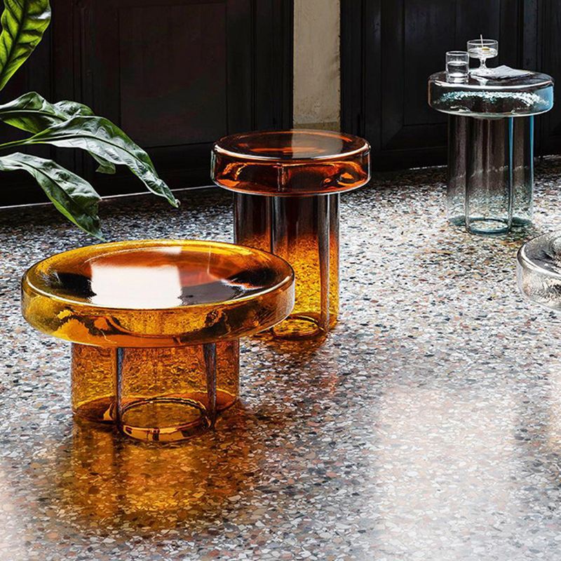 Modern Glass Coffee Table with Round Top and One Foot for Living Room