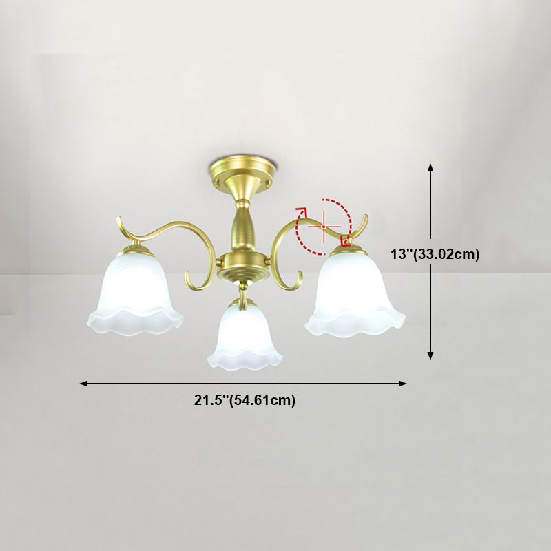 Gold Semi Flush Lamp Traditional Multi-Head Bedroom Ceiling Lighting with Glass Shade
