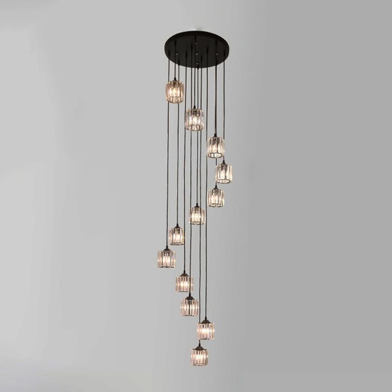 Lacquered Iron Black Hanging Lamp in Modern Luxury Style Crystal Cylindroid Pendant Light for Stairs