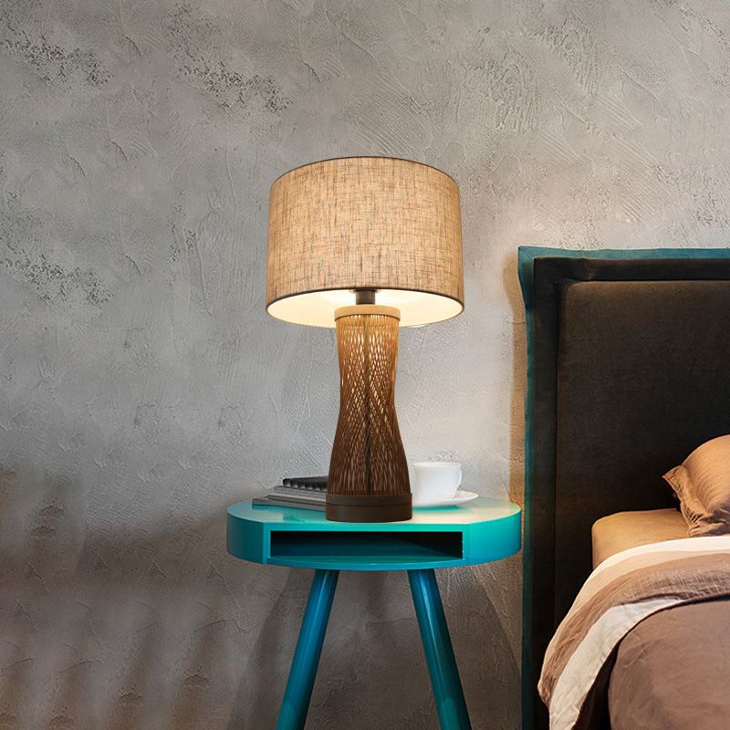 Flaxen Laser Cut Task Light Asian 1 Bulb Bamboo Small Desk Lamp with Drum Fabric Shade