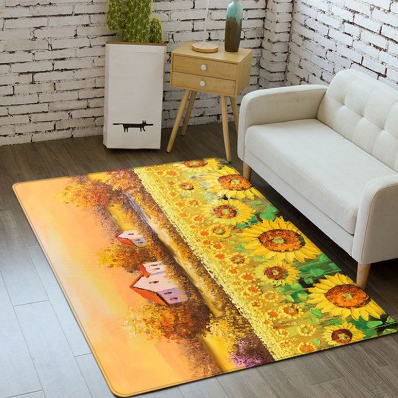 Black Modern Carpet Polyester Flowers Carpet Washable Carpet for Living Room