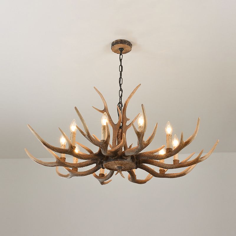 Fake Antler Chandelier Lighting Rustic Brown Resin Ceiling Light with Candle Design