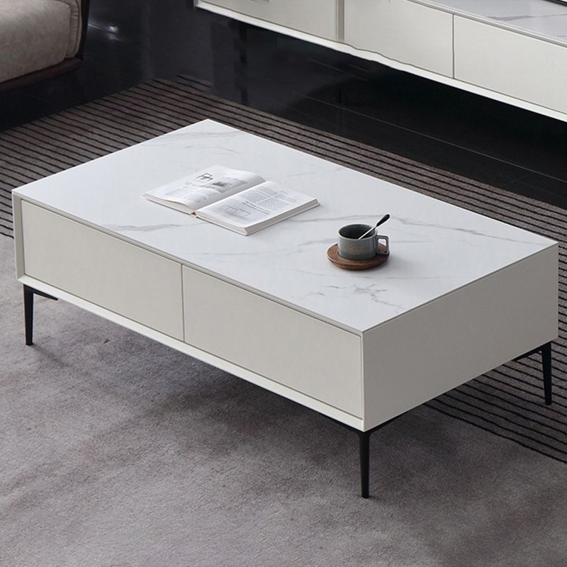 Glam Rectangle White Coffee Table with 4 Drawers and 4 Metal Legs
