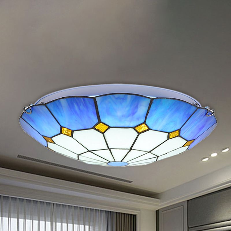 12"/16"/19.5" W Tiffany Blue/Light Blue Flush Ceiling Light with Bowl Shade Stained Glass Flushmount for Living Room