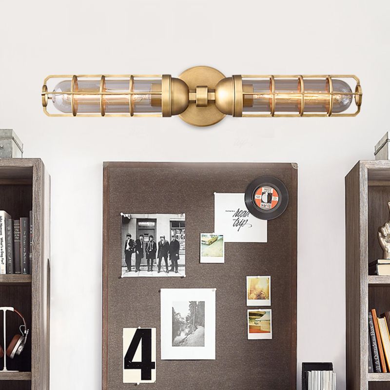 Retro Dual Cylinder Wall Mounted Light 2 Bulbs Clear Glass Sconce Lighting with Gold Metal Frame