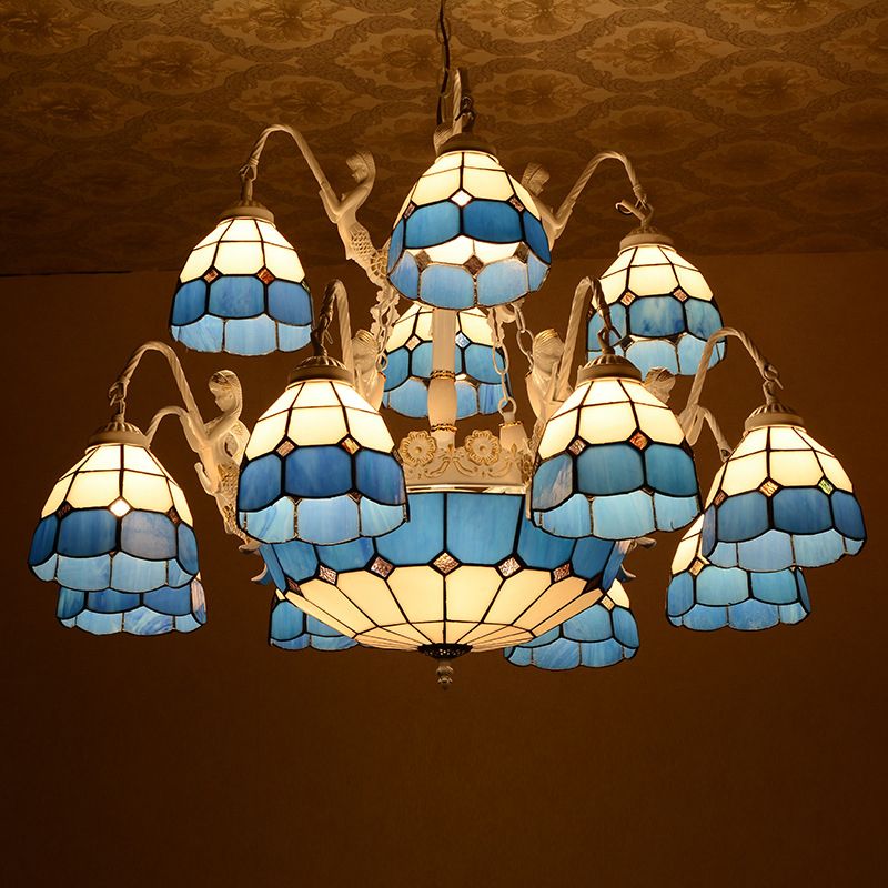 Blue Grid Patterned Pendant Light Tiffany 15 Lights Stained Glass Chandelier Lamp with Mermaid Decoration