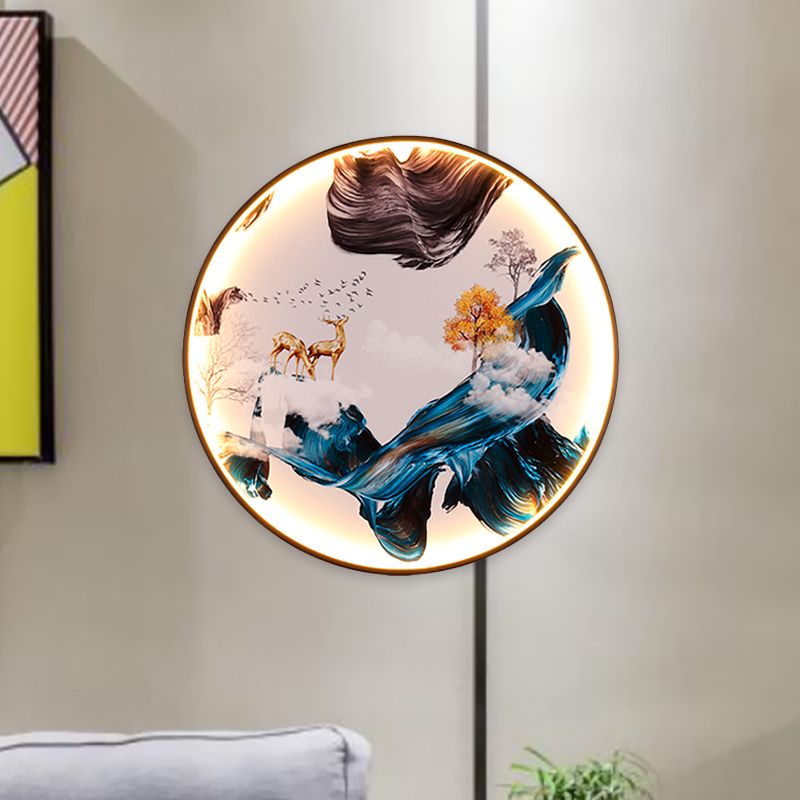 Chinese Birds/Elk Design Wall Art Metal Living Room LED Mural Wall Mount Lighting in Black