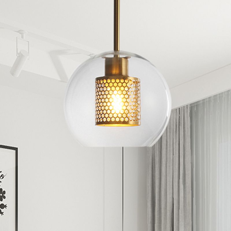 Simple Orb Shade Pendant Light with Cylinder Mesh Screen 1 Light Glass Hanging Lamp for Hallway